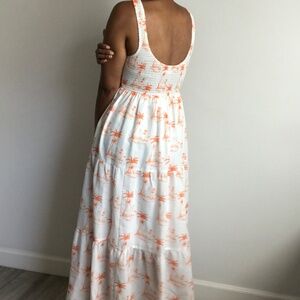 WOMENS SUMMER DRESS WHITE ORANGE HAWAIIAN THEME MAXI SMOCK TOP SMALL